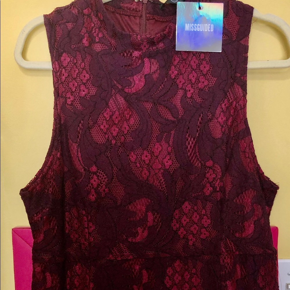 Missguided Cranberry/Purple Lace Mid Dress 12